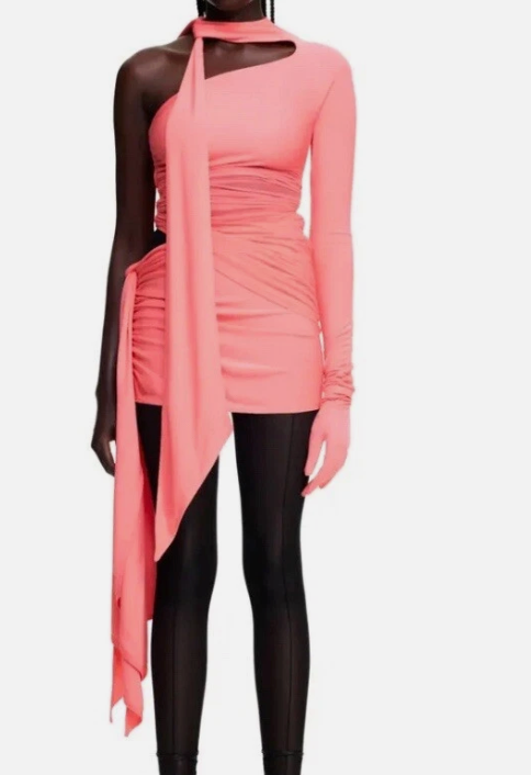 MUGLER H&M Pink Gathered one Shoulder Dress Neon Pink