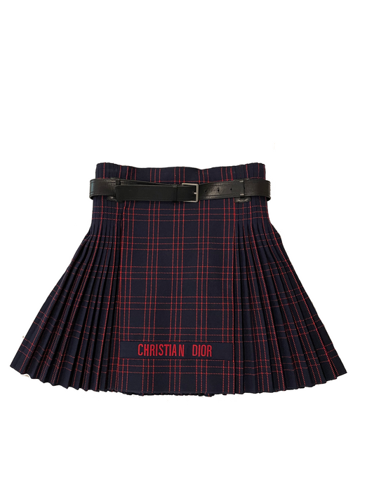 DIOR WOOL TARTAN LOGO PLEATED KILT STYLE SKIRT