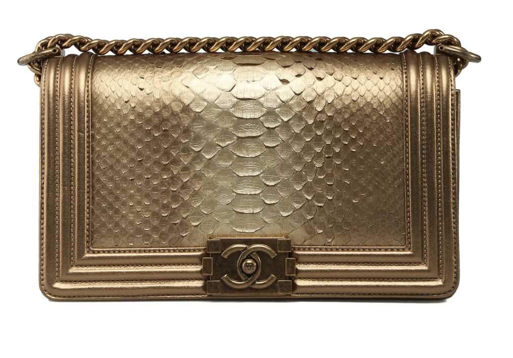 CHANEL MEDIUM LE BOY GOLD METALLIC PYTHON BAG