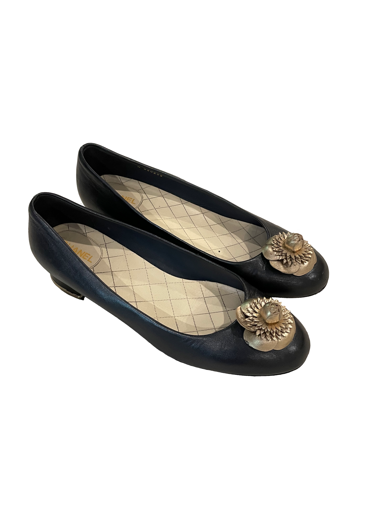 CHANEL BLACK FLATS WITH GOLD FLOWER