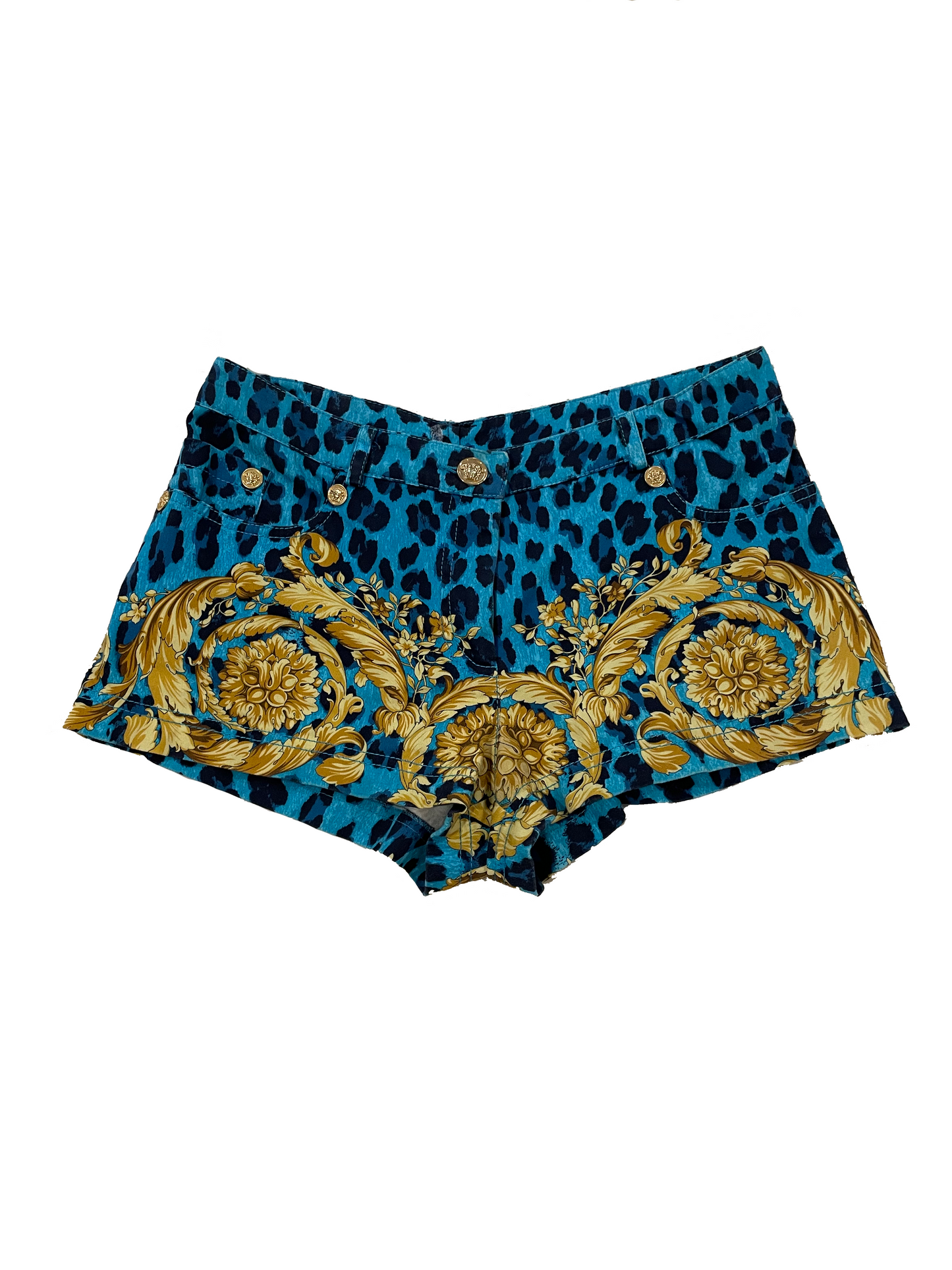 VERSACE LEOPARD DENIM SHORTS